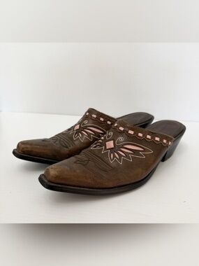 Sonora Double H Womens Brown Leather Butterfly Inlay Snip Toe Slip On Mules 11 M